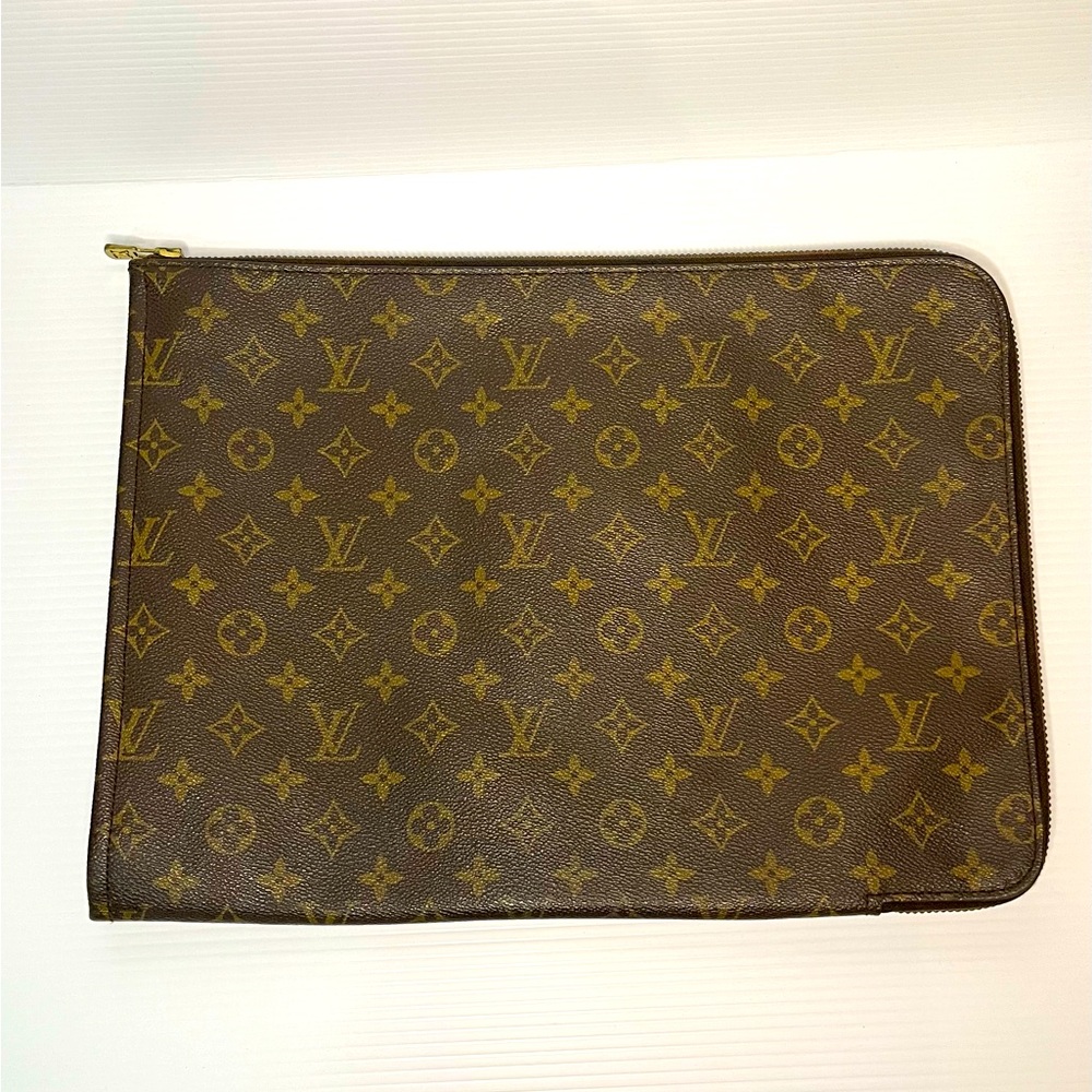 Authentic Louis Vuitton Monogram Laptop Sleeve in Brown and Gold